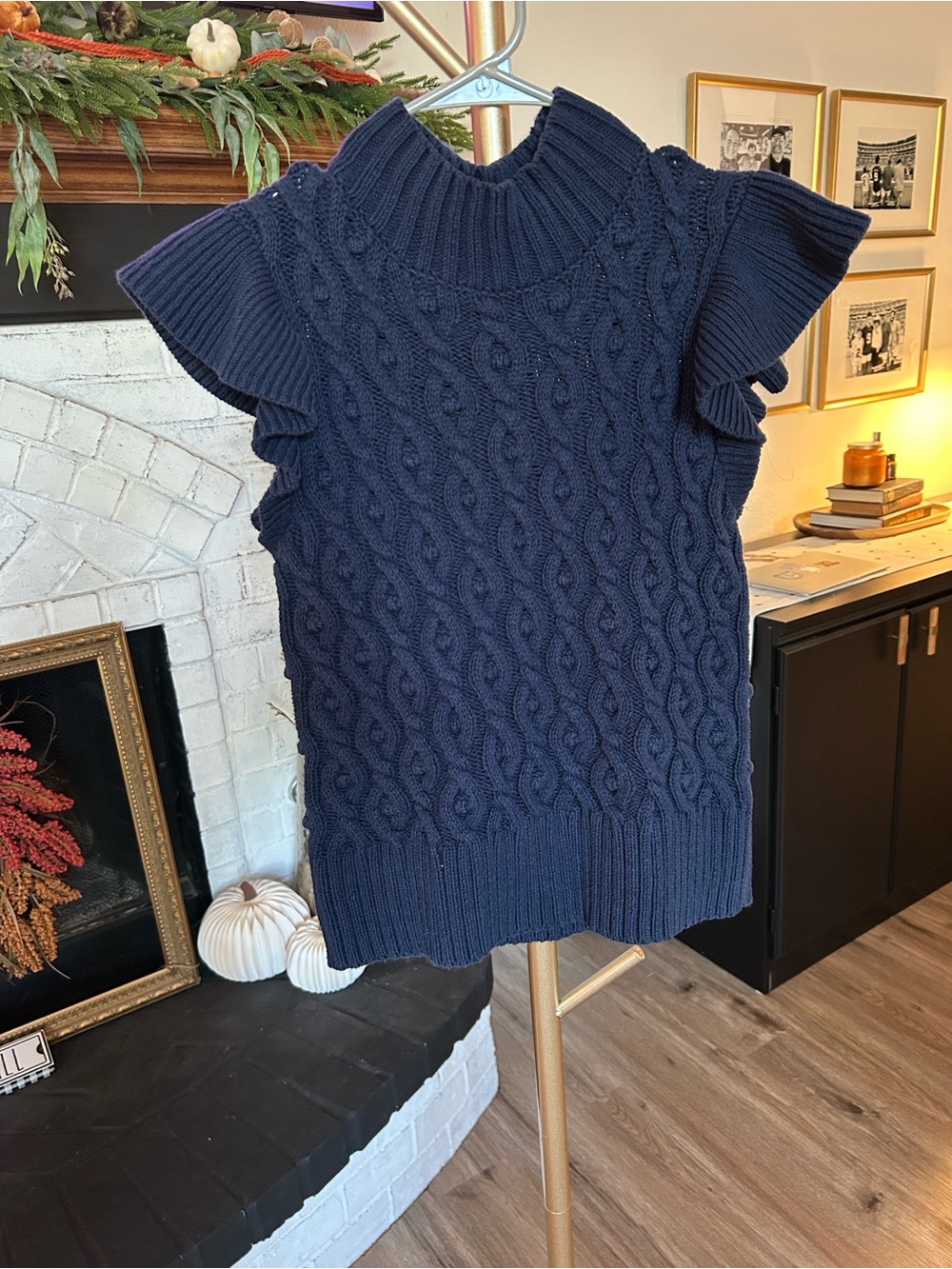 On 34th Navy Cable Knit Ruffle-Sleeve Sweater